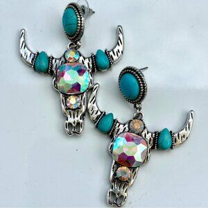 Bohemian Bull Skull Earrings With Turquoise & Iridescent Crystal Accents